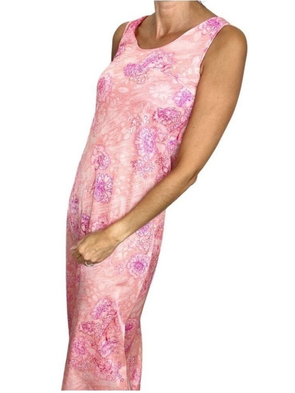 Vintage 80s coral magenta floral sleeveless dress long maxi retro nightgown S